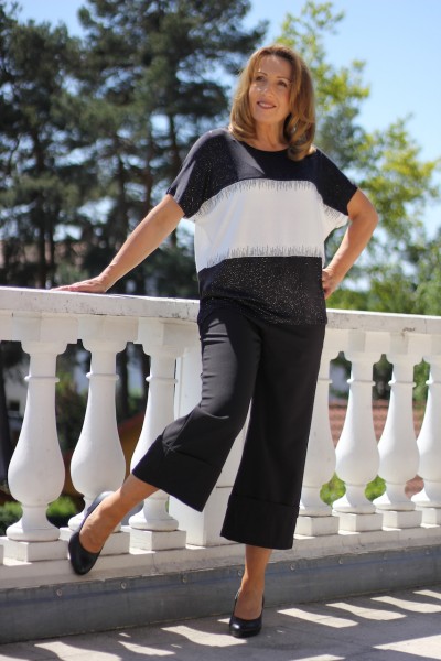 elegantes schwarz-weißes T-Shirt mit Glitzer in Größe S/M