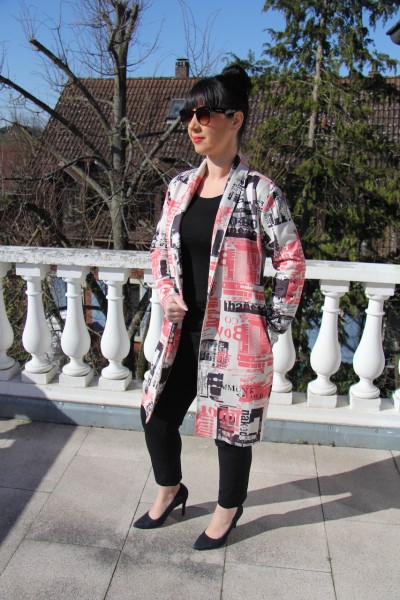 Velours-Longblazer in beige-rose-schwarz mit Printlook
