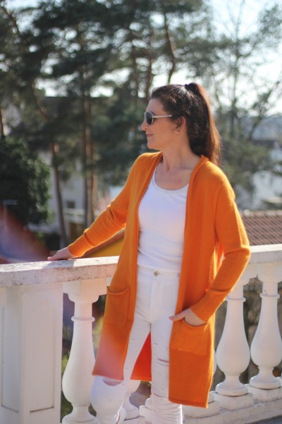 klassischer orangefarbener knielanger Wollmantel mit Seitentaschen in ONE SIZE