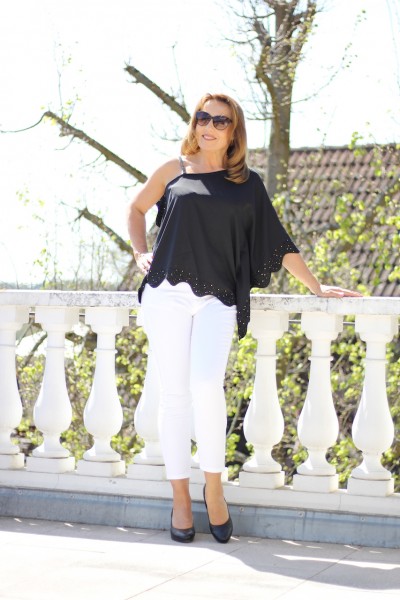 elegante schulterfreie Bluse in schwarz mit Stickerei und goldene Strasssteine